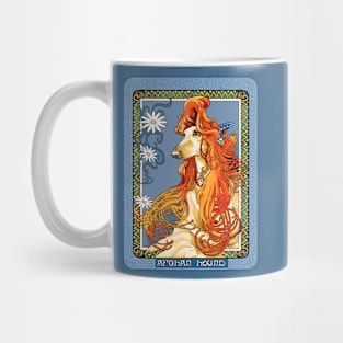 Afghan Hound. Daisies. Mucha/Watson. From an Alphonse Mucha illustration. Blue. Mug